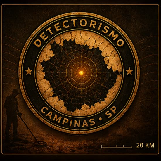Arte Detectorismo Campinas com mapa regional, selo e detectorista em tema marrom