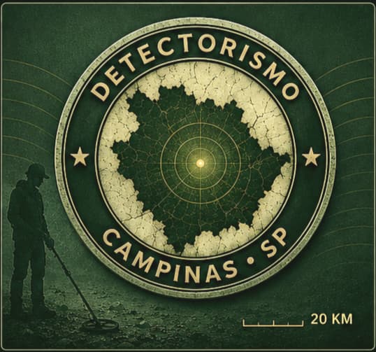 Arte Detectorismo Campinas com mapa regional, selo e detectorista em tema verde